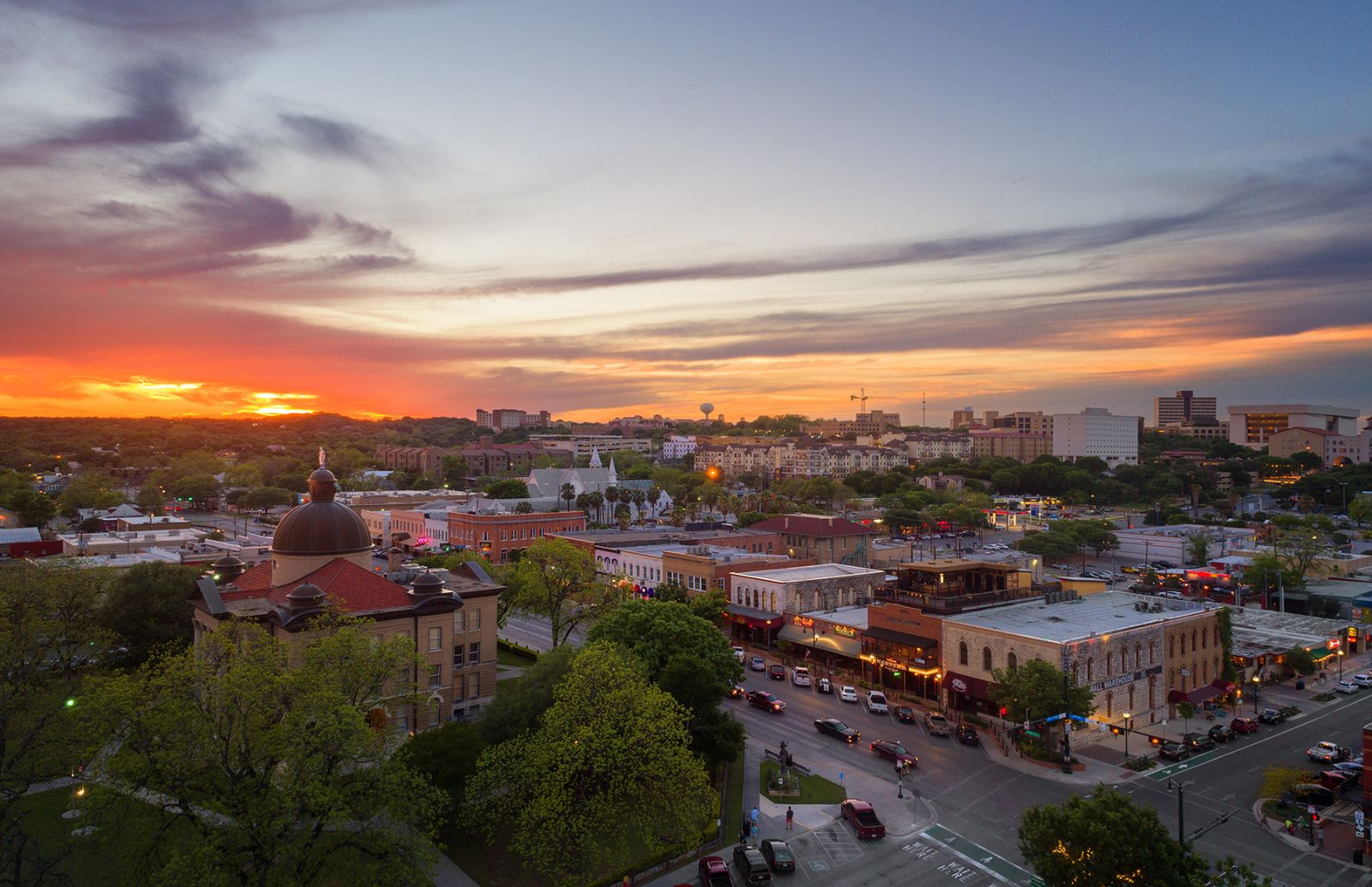 Sunset Over The Square san marcos tx student living city aerial view